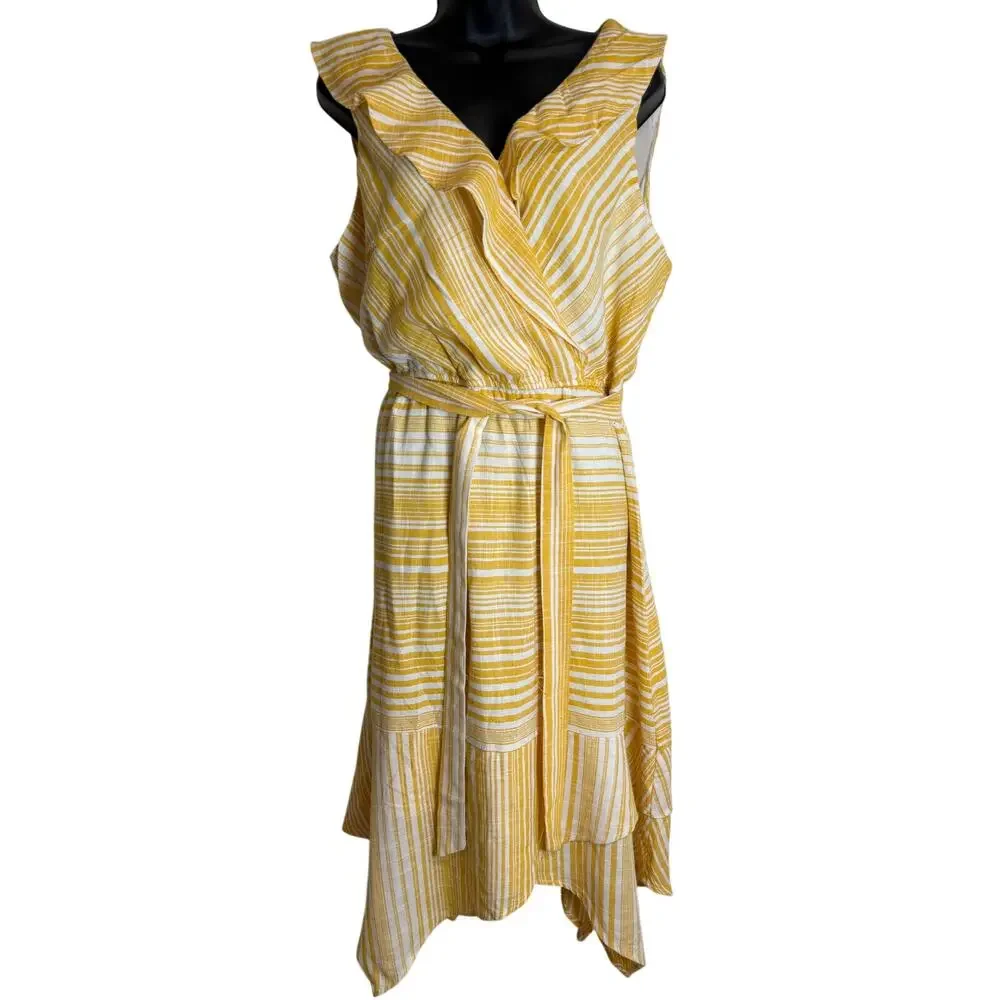 June & Hudson Yellow Stripe Ruffle Dress XL Linen Blend Belted Summer Beach EUC